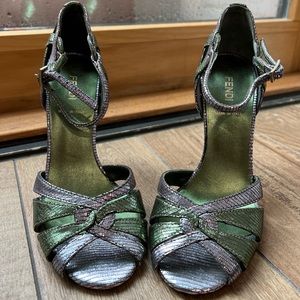FENDI Metallic Snakeskin Print Strappy Heels Sz 36.5